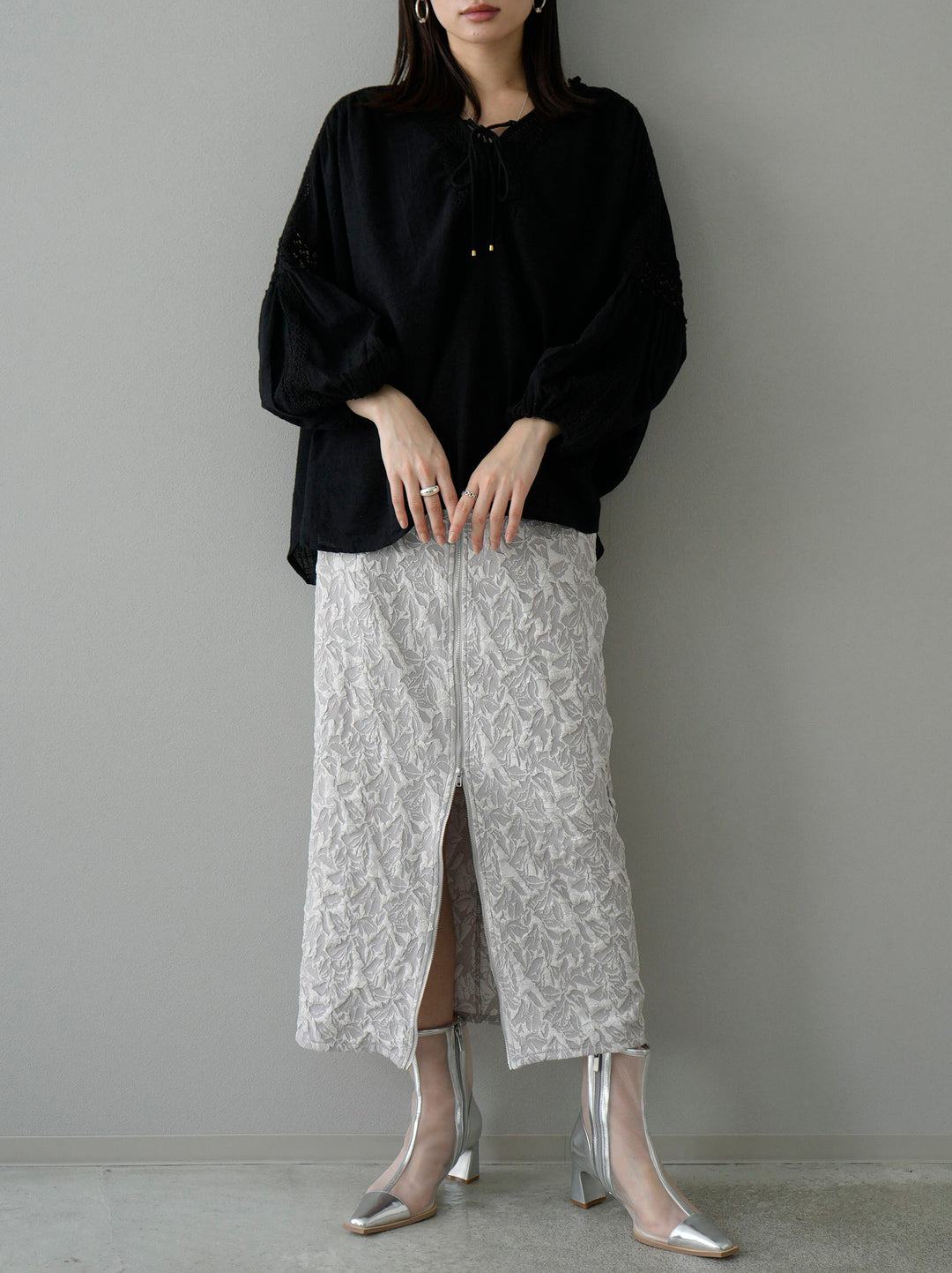 [SET] Cotton lace blouse + double zip puffy jacquard skirt (2set)
