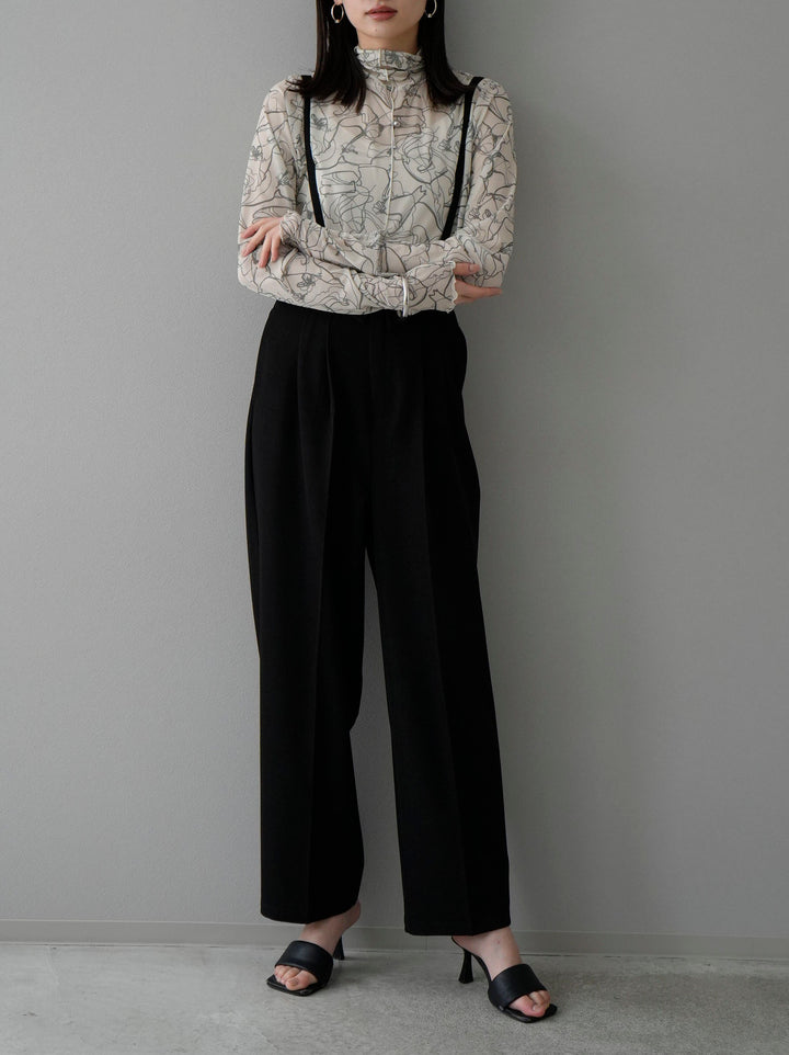 [SET] Pen-touch sheer mellow top + suspender 2-way design belt wide pants (2 sets)