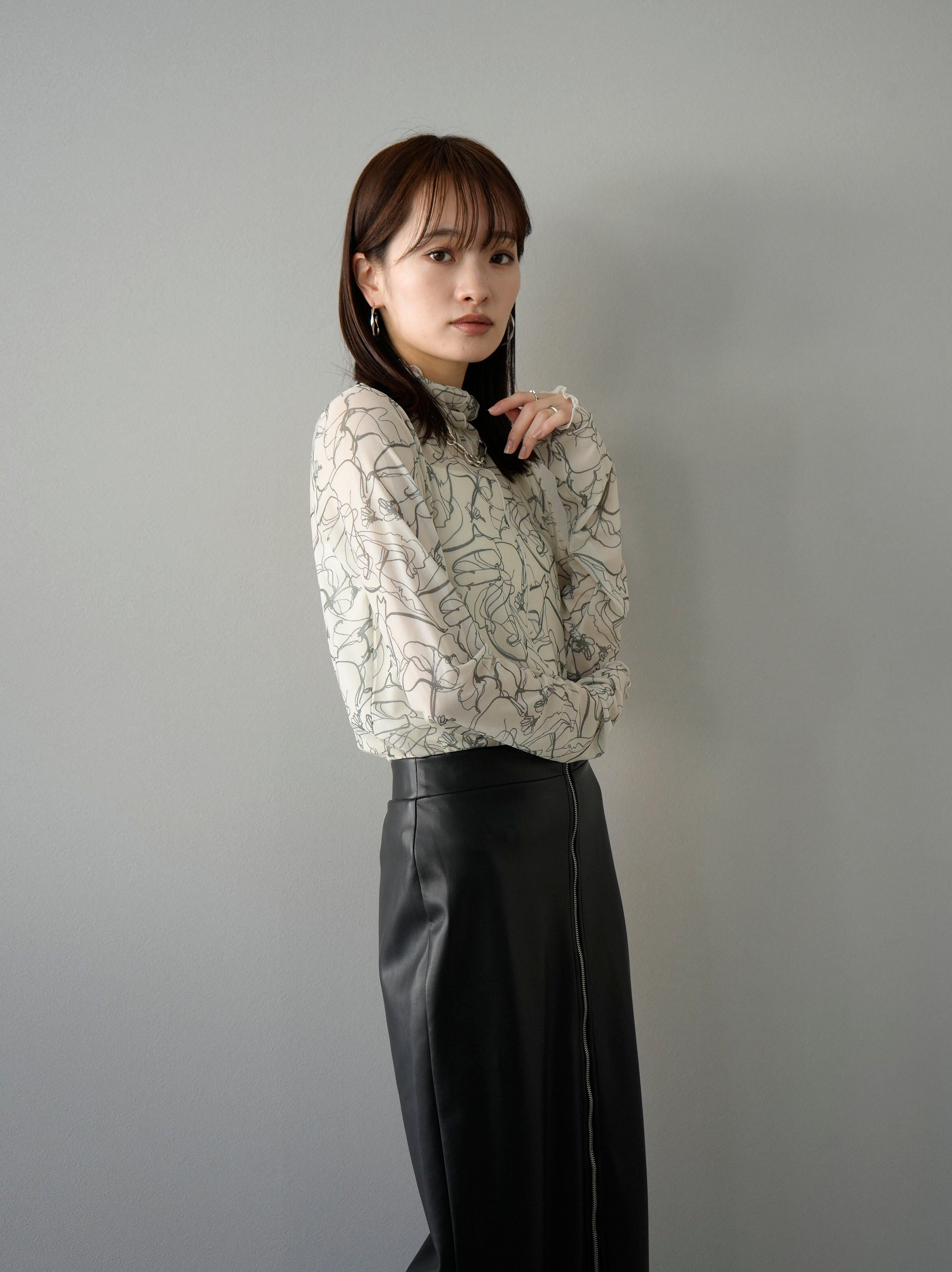 SET]ペンタッチシアーメロートップス+フロントジップフェイクレザー