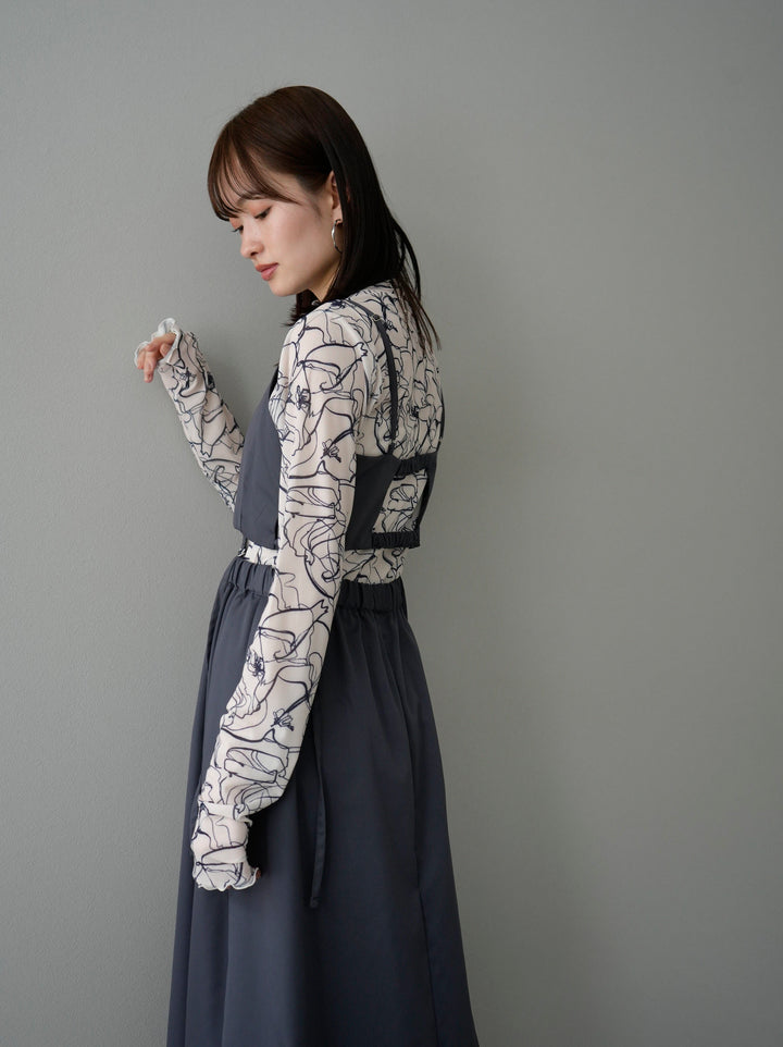 [SET] Pen-touch sheer mellow top + bustier cami flare dress (2set)