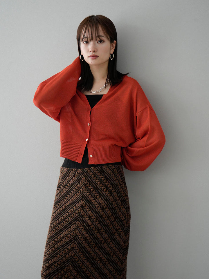 [SET] Lame sheer knit cardigan + double strap cut rib bra camisole + crochet fringe I-line skirt (3 sets)