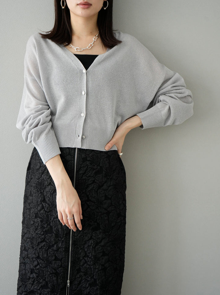 [SET] Lame sheer knit cardigan + double strap cut rib bra camisole + double zip puffy jacquard skirt (3 sets)