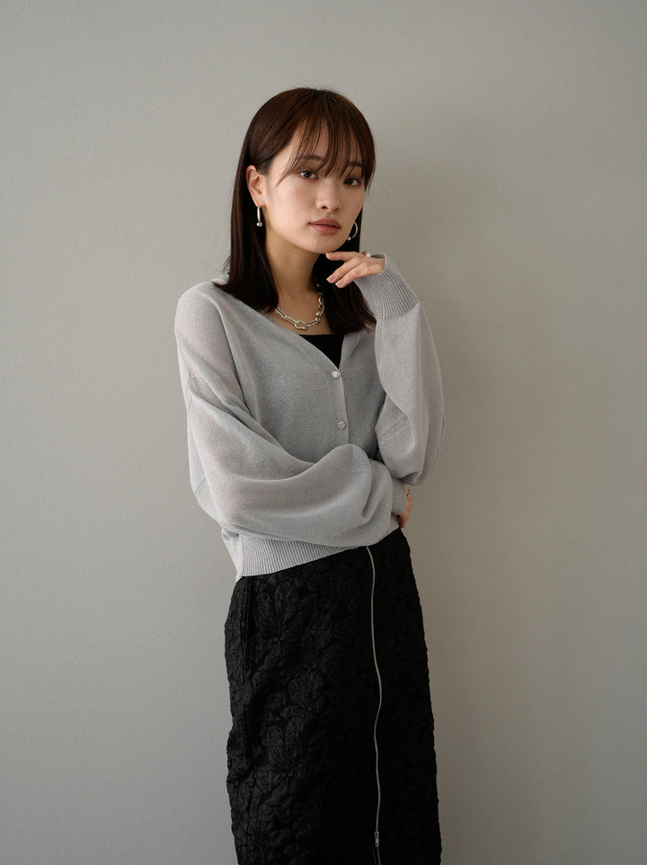 [SET] Lame sheer knit cardigan + double strap cut rib bra camisole + double zip puffy jacquard skirt (3 sets)