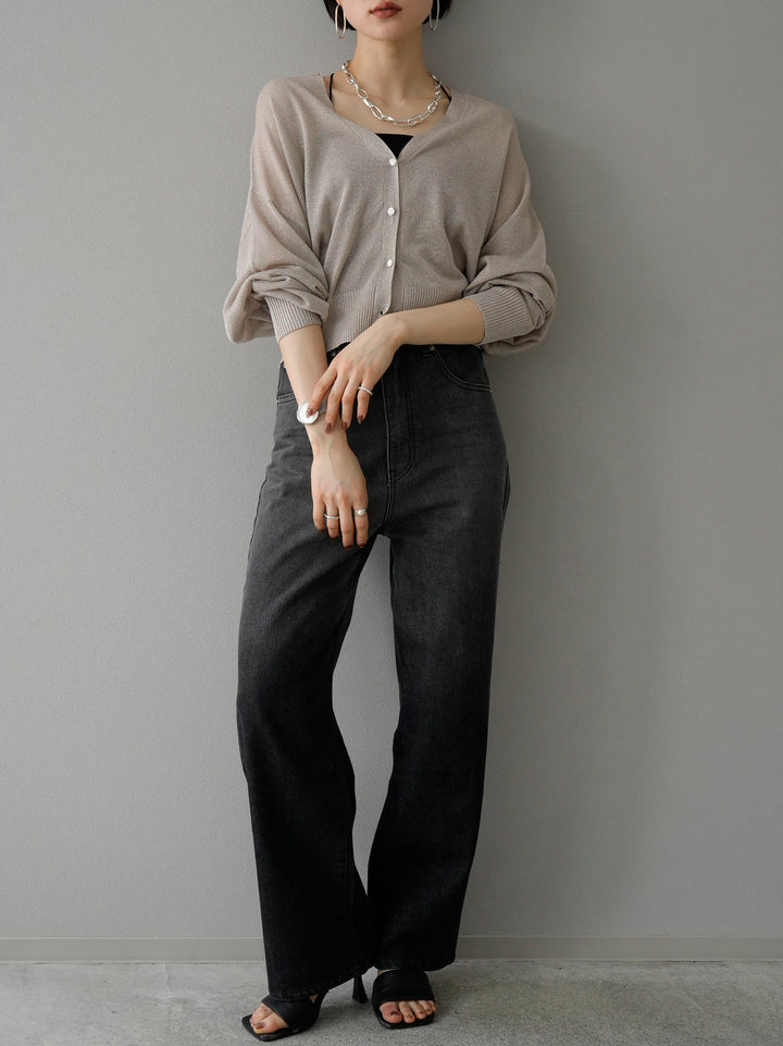 [SET] Lame sheer knit cardigan + double strap cut rib bra camisole + gradient straight denim (3 sets)