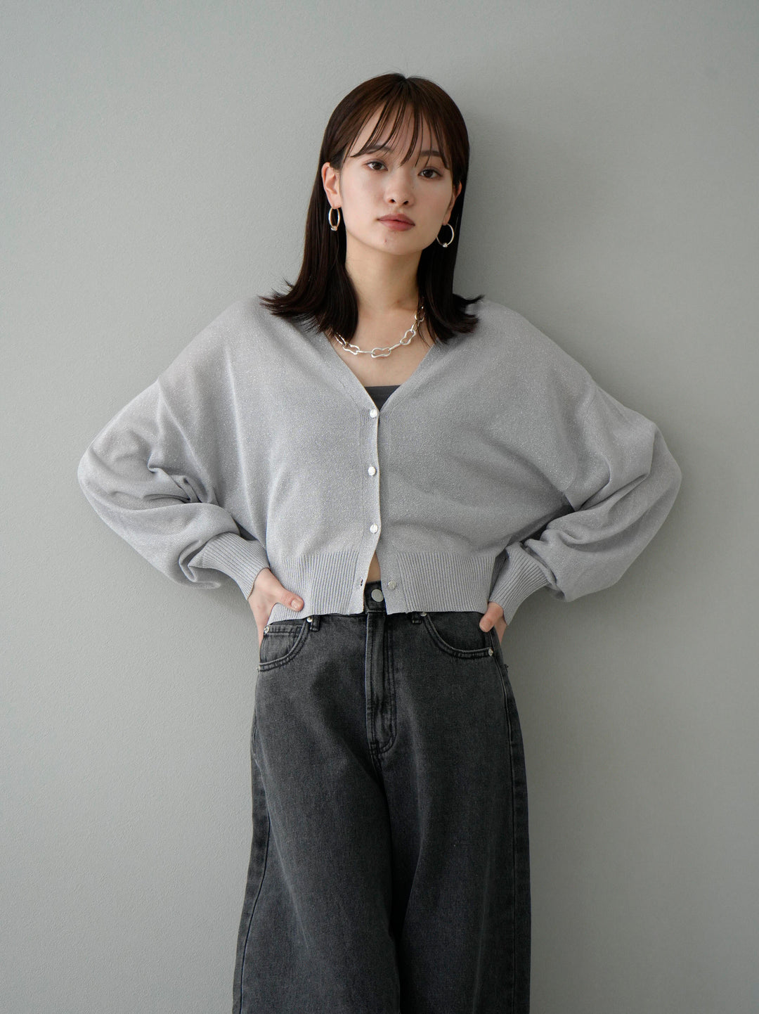 [SET] Lame sheer knit cardigan + telekorib bare camisole (2set)