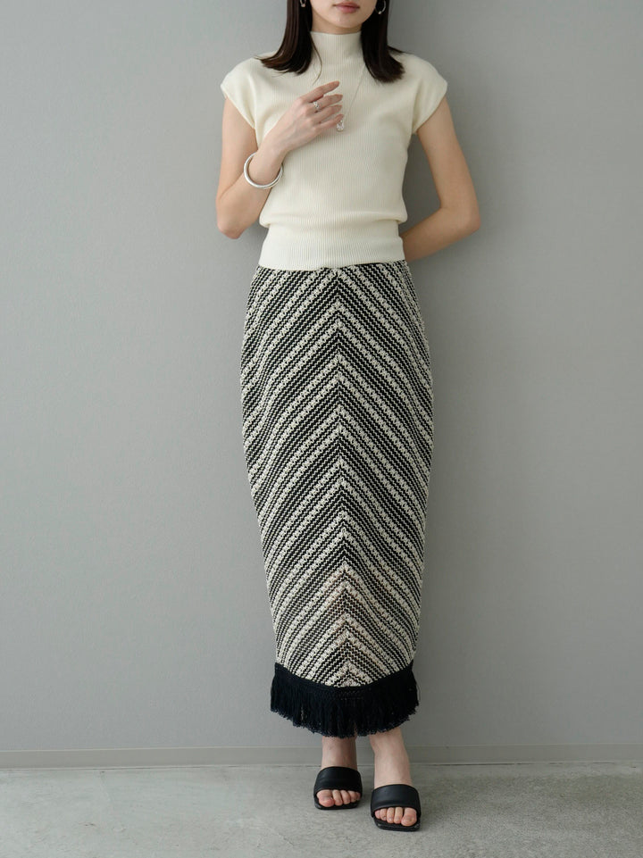 [SET] Back round open rib knit + crochet fringe I-line skirt (2set)