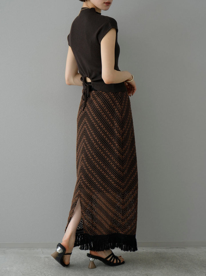 [SET] Back round open rib knit + crochet fringe I-line skirt (2set)