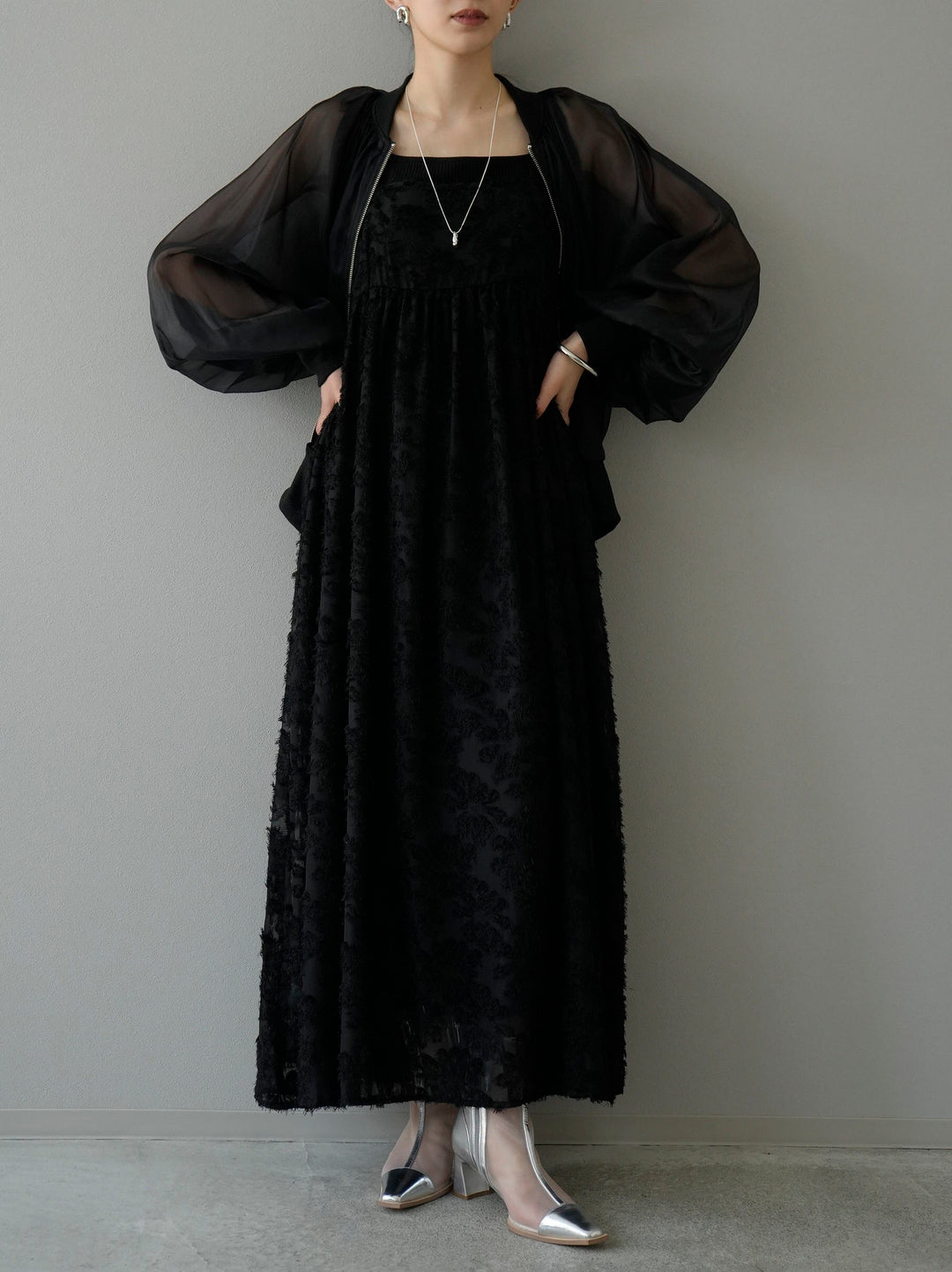 [Pre-order] Fringe Jacquard Cami Dress/Black