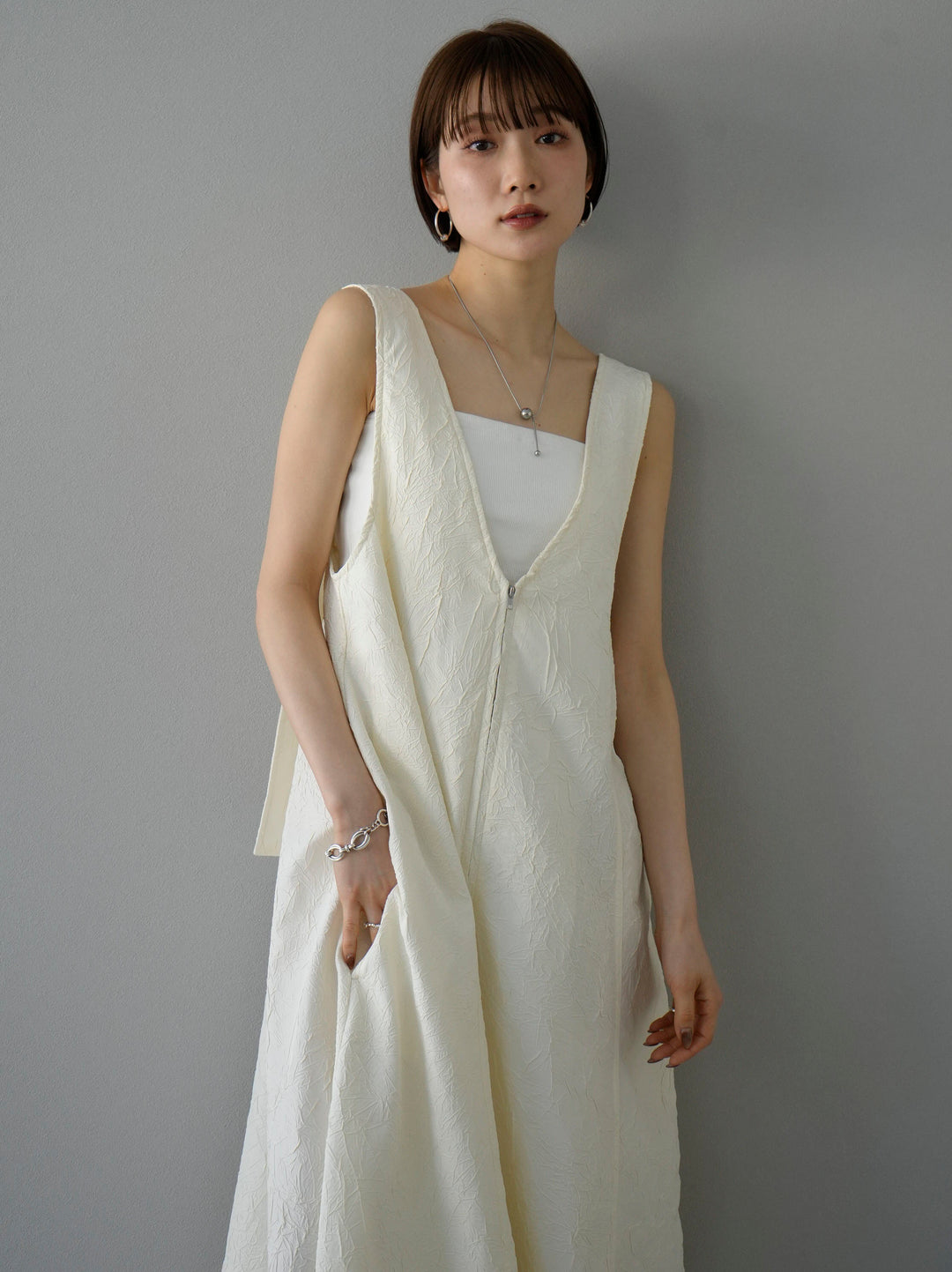 [Pre-order] Washer Jacquard Zip Flare Dress/Ivory