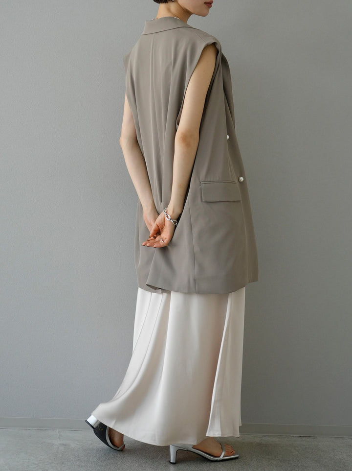 [SET] Satin I-line camisole dress + pearl button tailored jacket vest (2set)