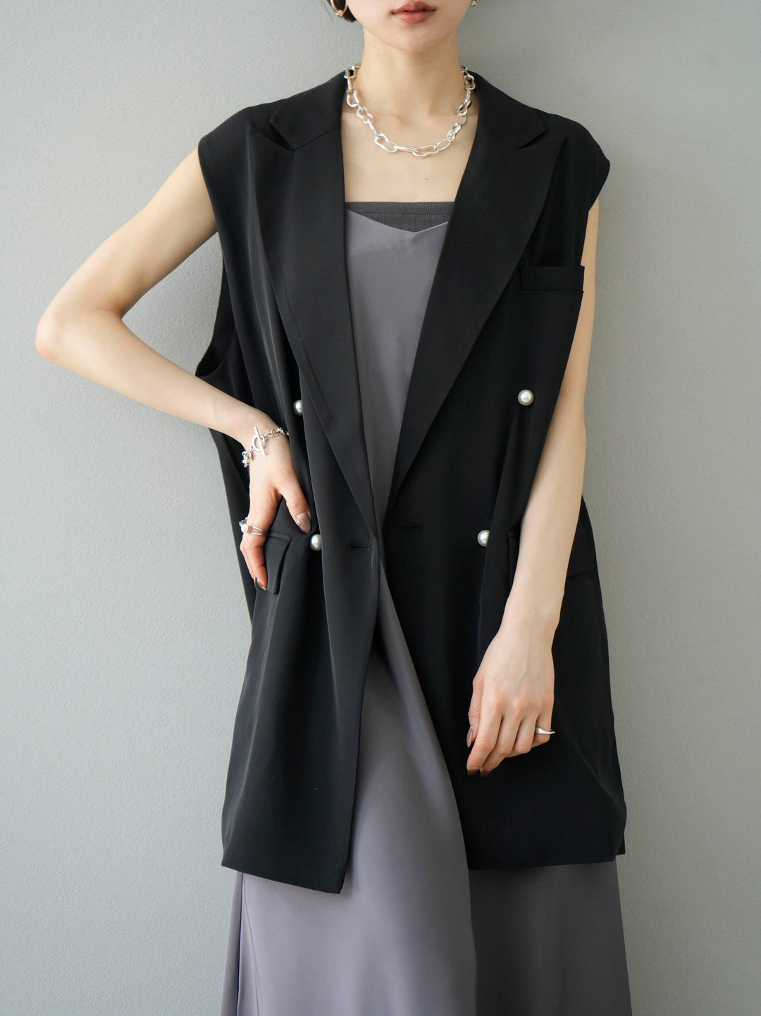 [Pre-order] Satin I-line camisole dress/gray