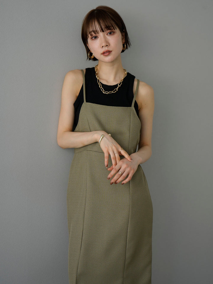 [Pre-order] Linen-touch back ribbon cami dress/khaki