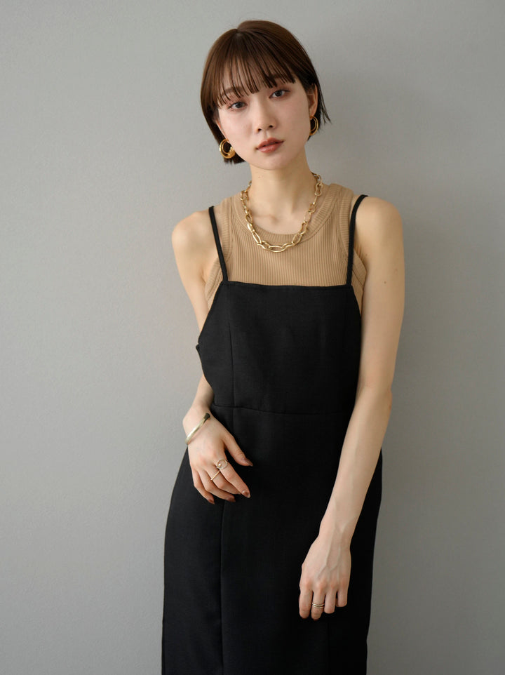 [Pre-order] Linen-touch back ribbon cami dress/black