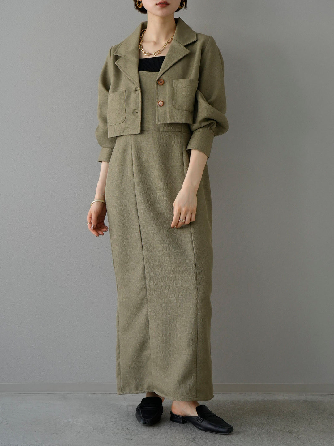 [SET] Linen touch back ribbon cami dress + linen touch short jacket (2set)
