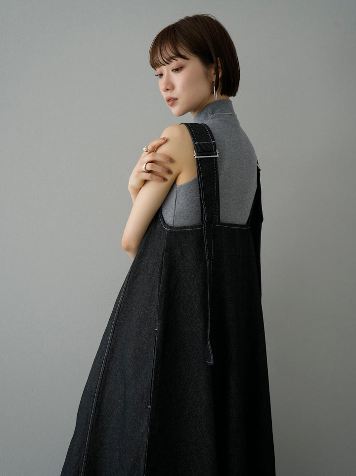 [SET] Denim zip flare dress + petite neck center seam sleeveless knit top (2set)