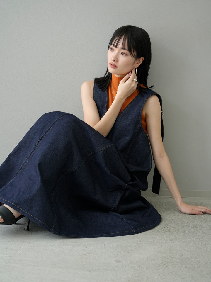 [SET] Denim zip flare dress + petite neck center seam sleeveless knit top (2set)