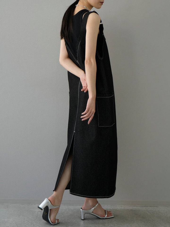 [Pre-order] Color-blocked stitch denim jumper skirt/black