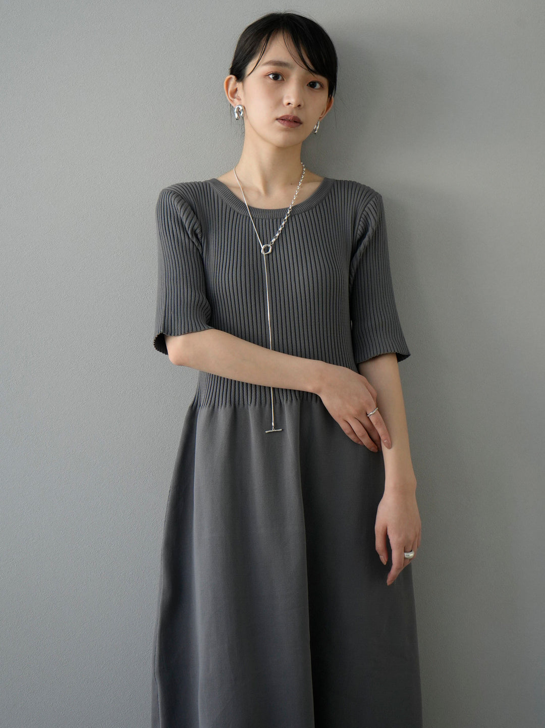 [Pre-order] Polyester knit peplum dress/gray