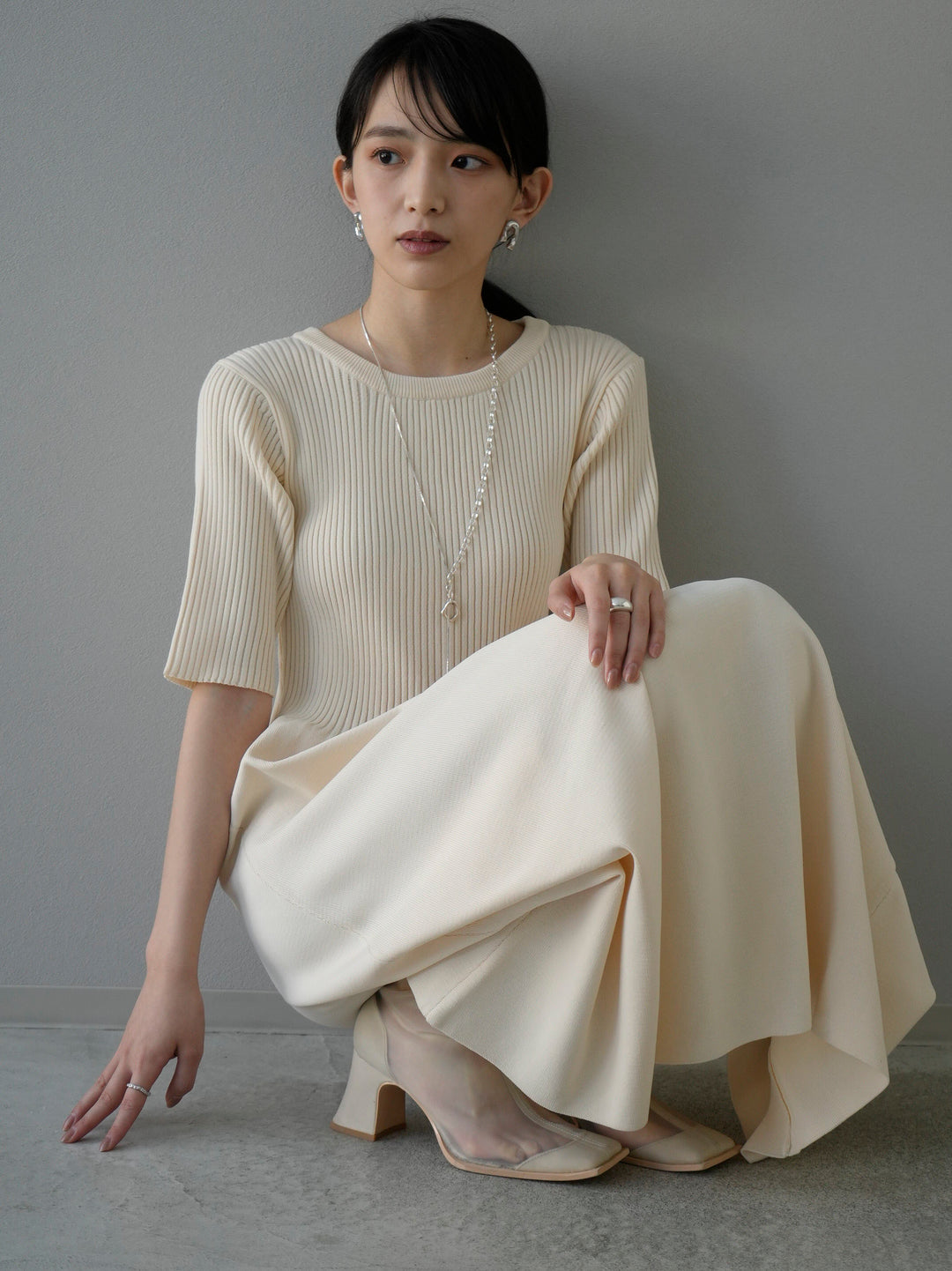 [Pre-order] Polyester knit peplum dress/ivory