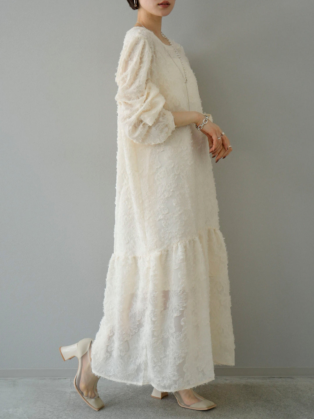 Flower sheer jacquard dress/ivory