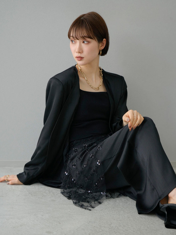 [SET] Willow satin collarless jacket &amp; pants SET-UP + double strap cut rib bra camisole + sequin tulle wrap skirt (3 sets)