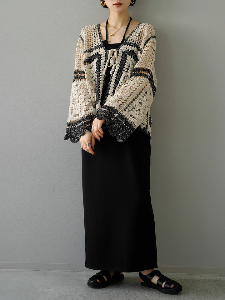 [SET] Crochet short cardigan + design neck backless camisole dress (2set)
