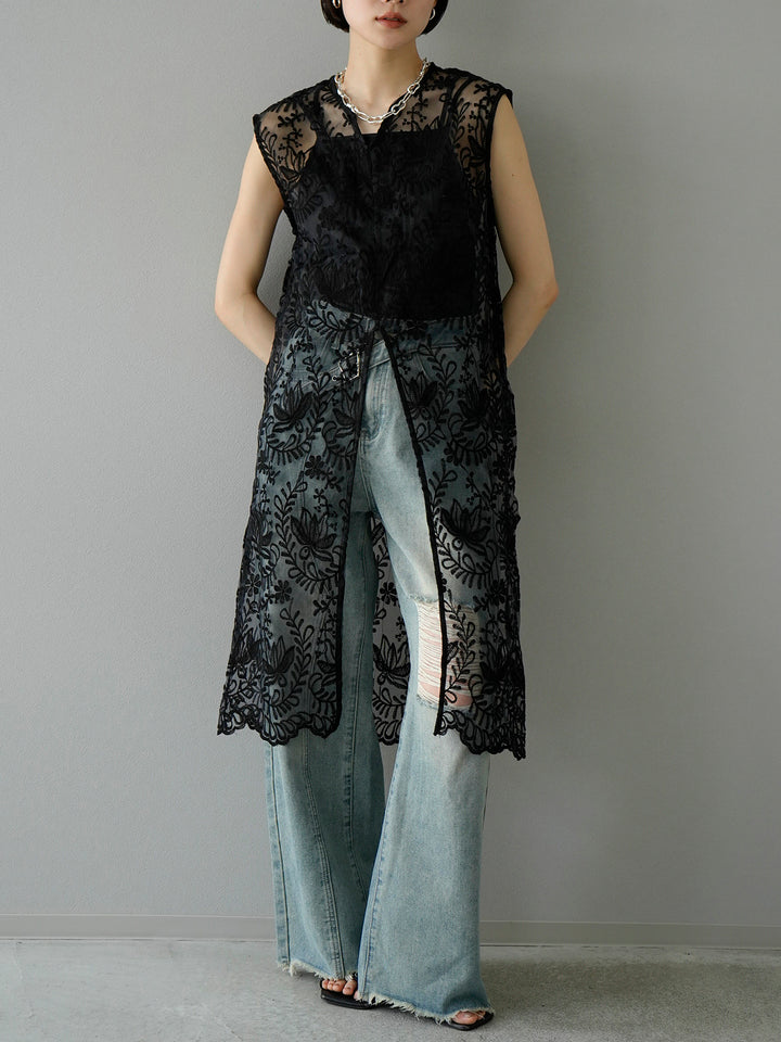 [SET] Front slit lace tunic + double strap lame bra camisole (2set)