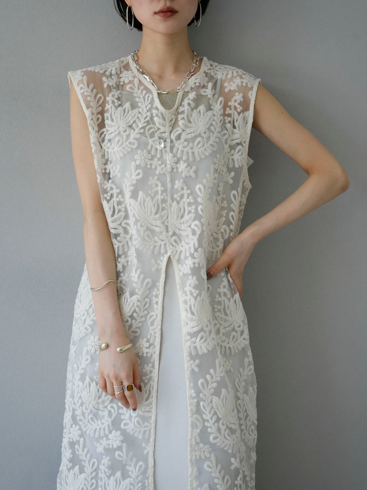 [SET] Front slit lace tunic + crushed satin camisole dress (2set)