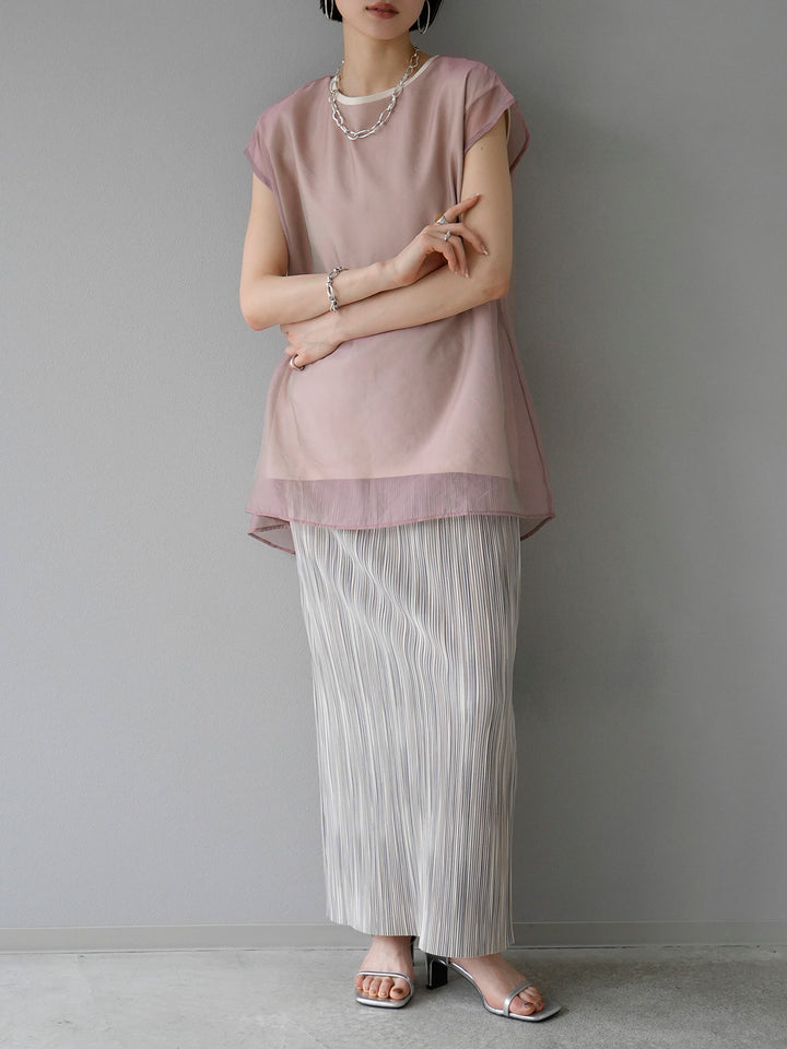 [Mix and match set] [SET] Sheer layered sleeveless top + multi-color I-line pleated skirt + block lace wide pants (3 sets)
