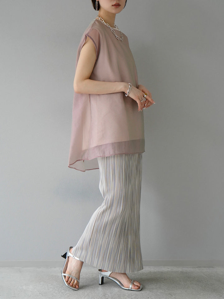 [Mix and match set] [SET] Sheer layered sleeveless top + multi-color I-line pleated skirt + block lace wide pants (3 sets)