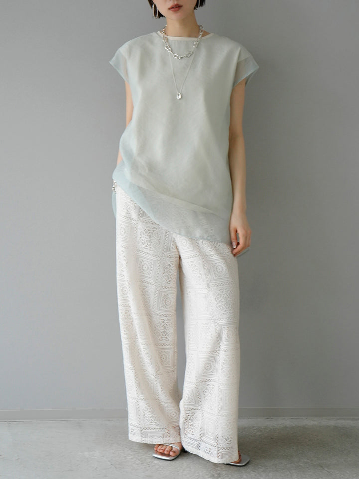 [SET] Sheer layered sleeveless top + block lace wide pants (2set)