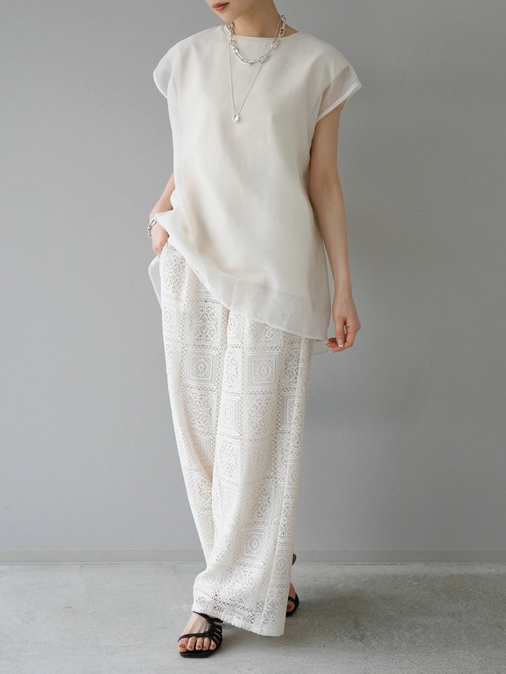 [SET] Sheer layered sleeveless top + block lace wide pants (2set)