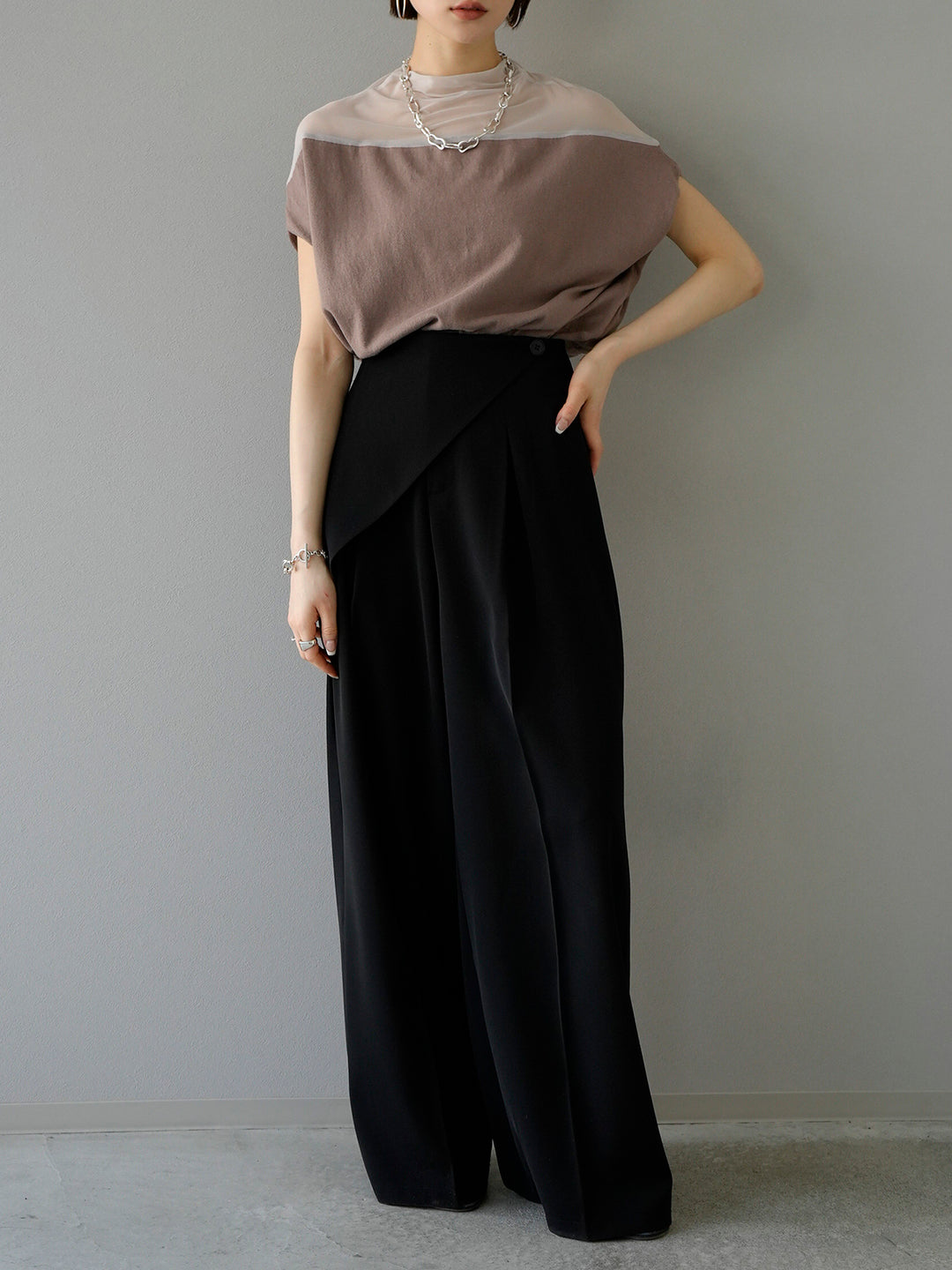 [SET] French sleeve sheer knit pullover + wrap wide pants (2set)