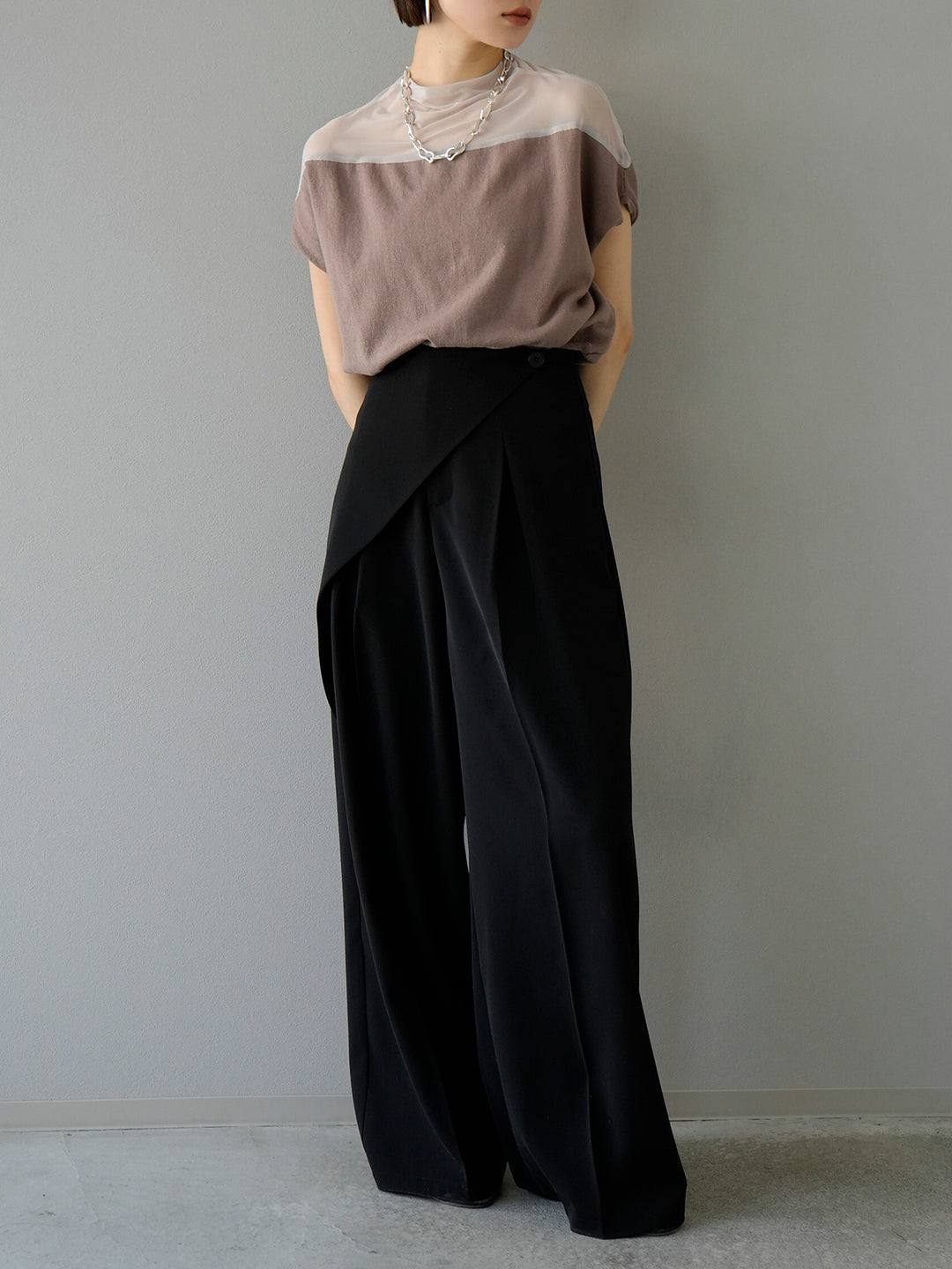 [SET] French sleeve sheer knit pullover + wrap wide pants (2set)