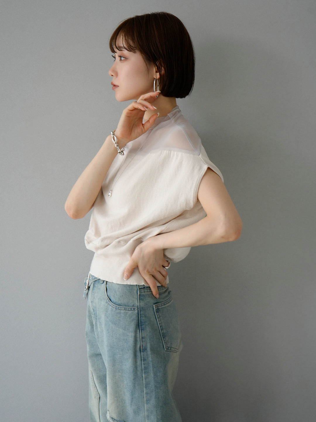 [Pre-order] French sleeve sheer knit pullover/ecru