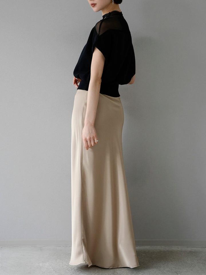 [SET] French sleeve sheer knit pullover + satin narrow skirt (2set)