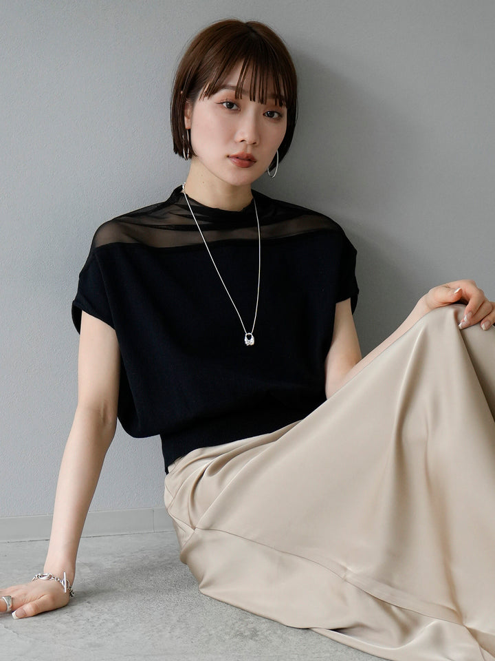 [Pre-order] French Sleeve Sheer Switch Knit Pullover/Black
