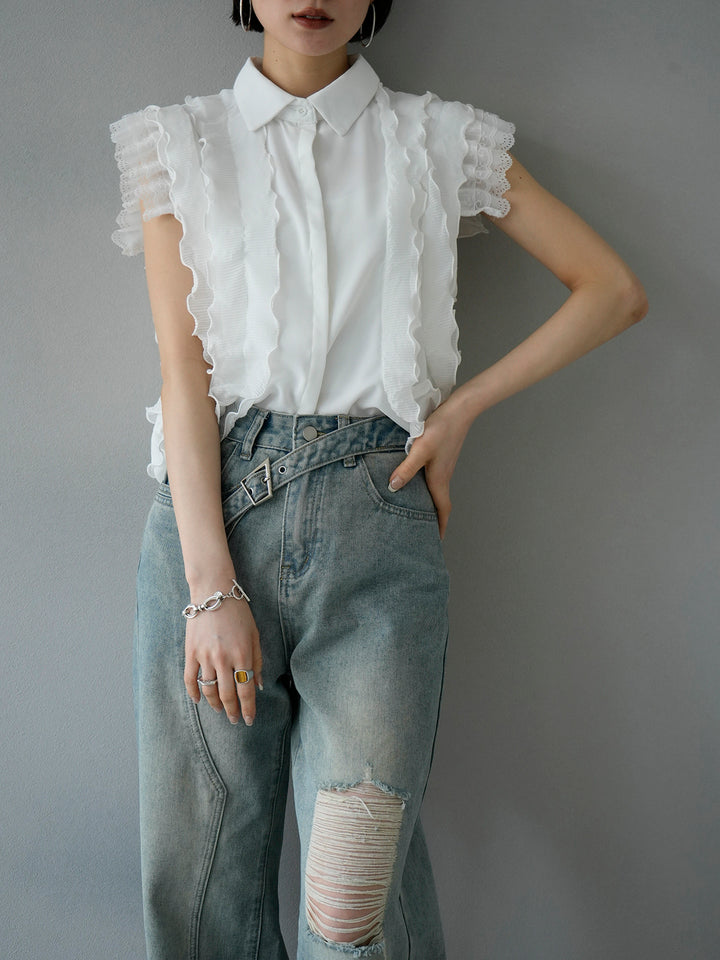 [Pre-order] Mixed material pleated mellow frill design blouse/white