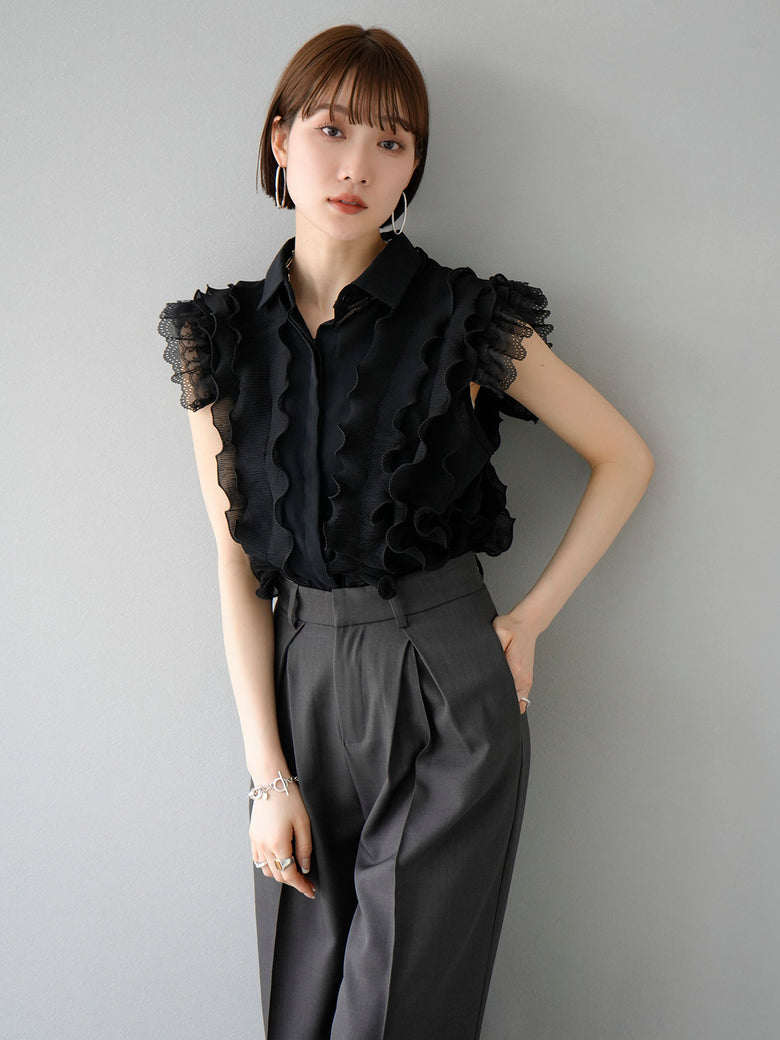 予約]異素材プリーツメロウフリルデザインブラウス/ブラック – Lumier 