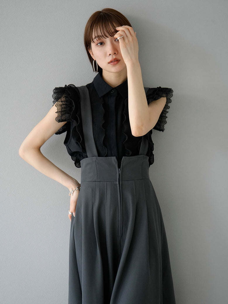 予約]異素材プリーツメロウフリルデザインブラウス/ブラック – Lumier 