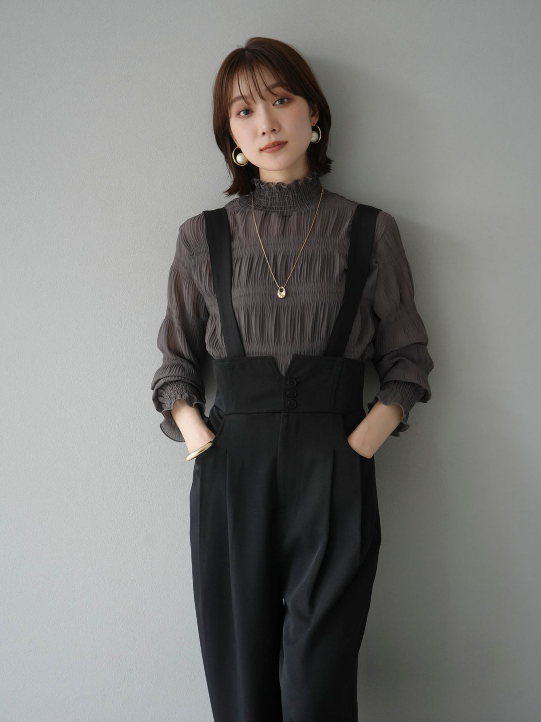 [予約]シャーリングシフォンブラウス/チャコール