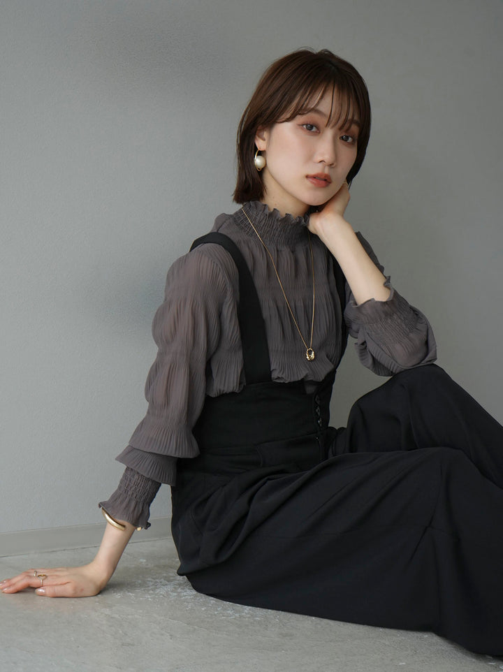 [予約]シャーリングシフォンブラウス/チャコール