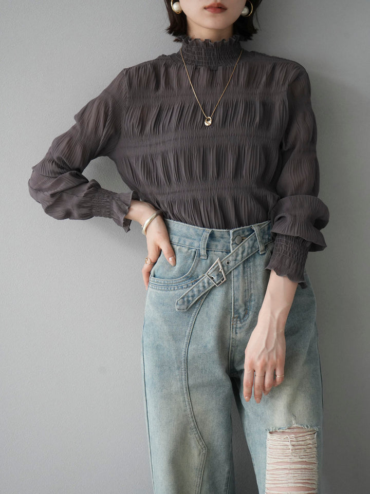 [予約]シャーリングシフォンブラウス/チャコール