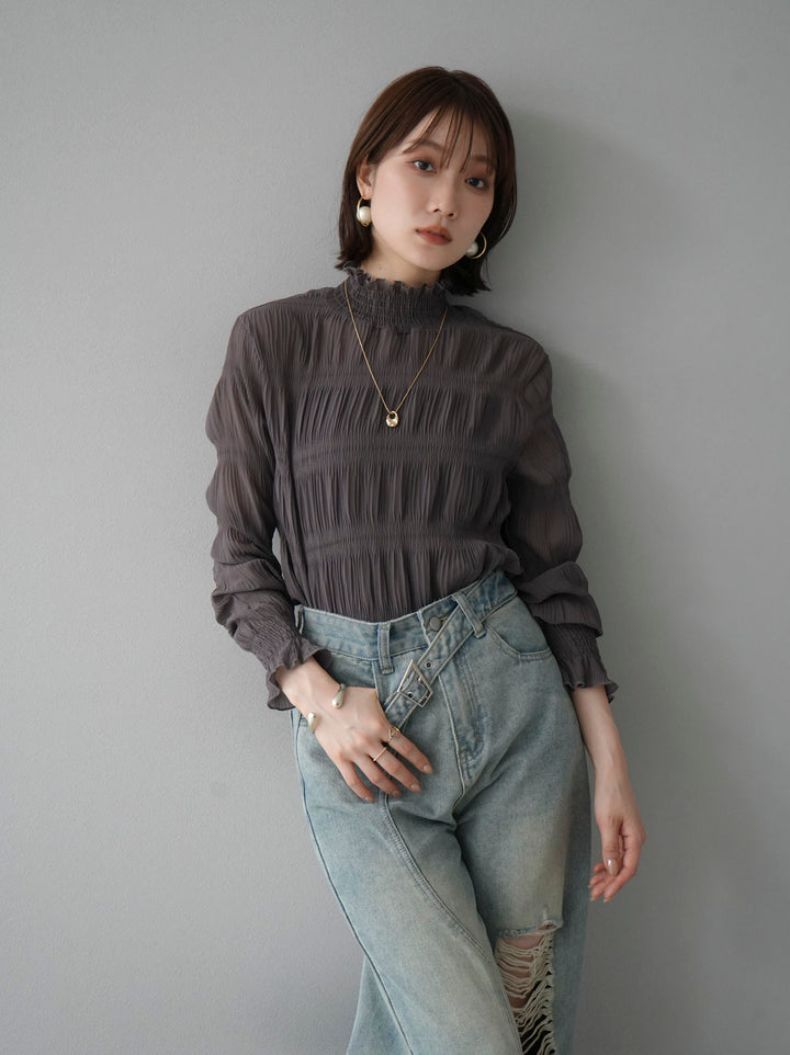 [予約]シャーリングシフォンブラウス/チャコール