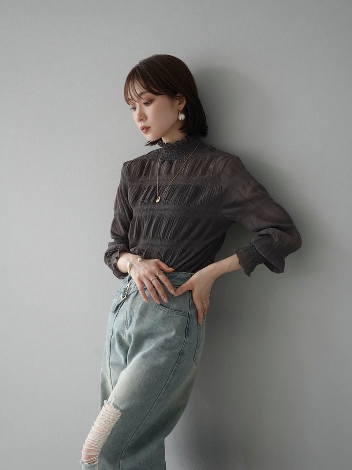 [予約]シャーリングシフォンブラウス/チャコール