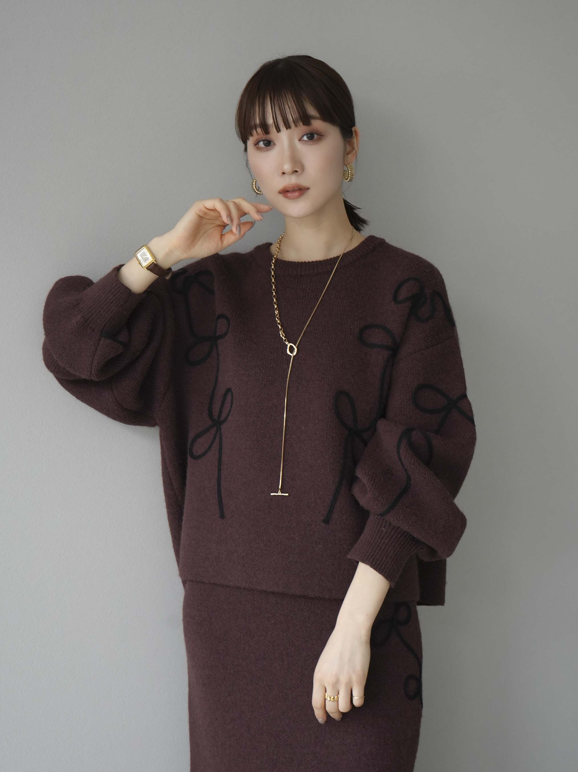 SET]コード刺繍ルーズニットプルオーバー+コード刺繍Iラインニット