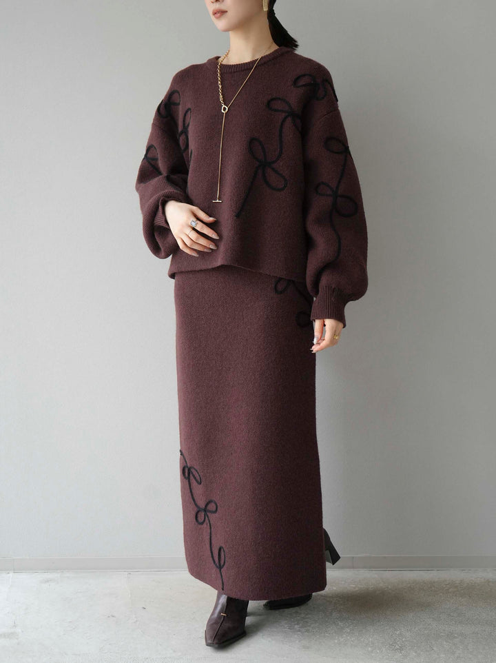[予約]コード刺繍Iラインニットスカート/ブラウン