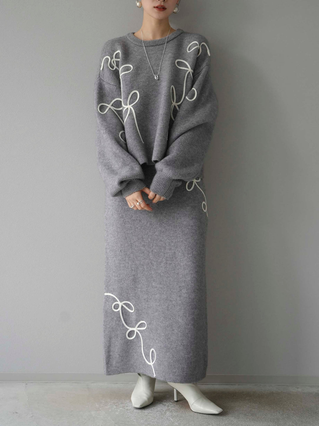 [予約]コード刺繍Iラインニットスカート/グレー