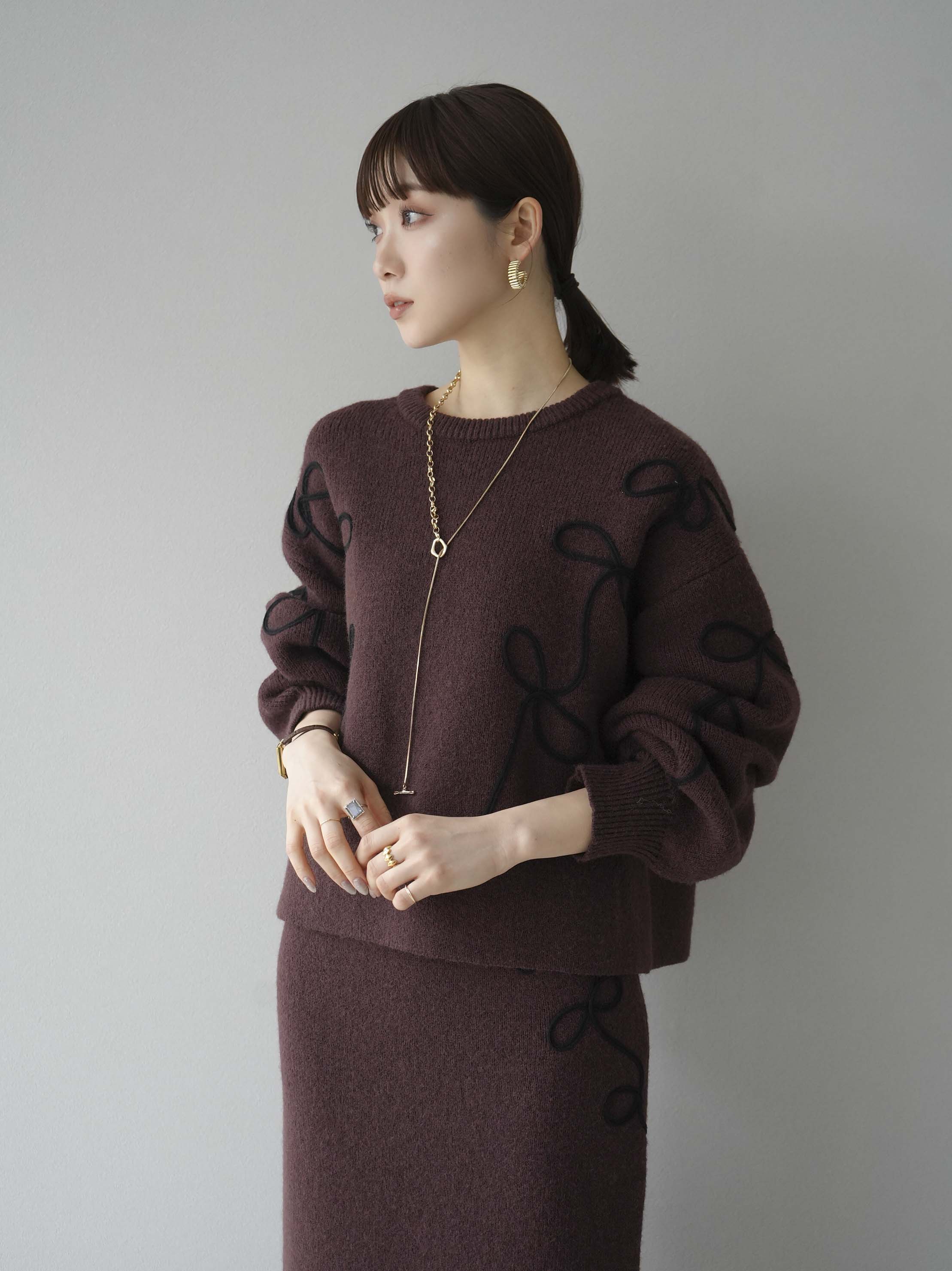 SET]コード刺繍ルーズニットプルオーバー+コード刺繍Iラインニット