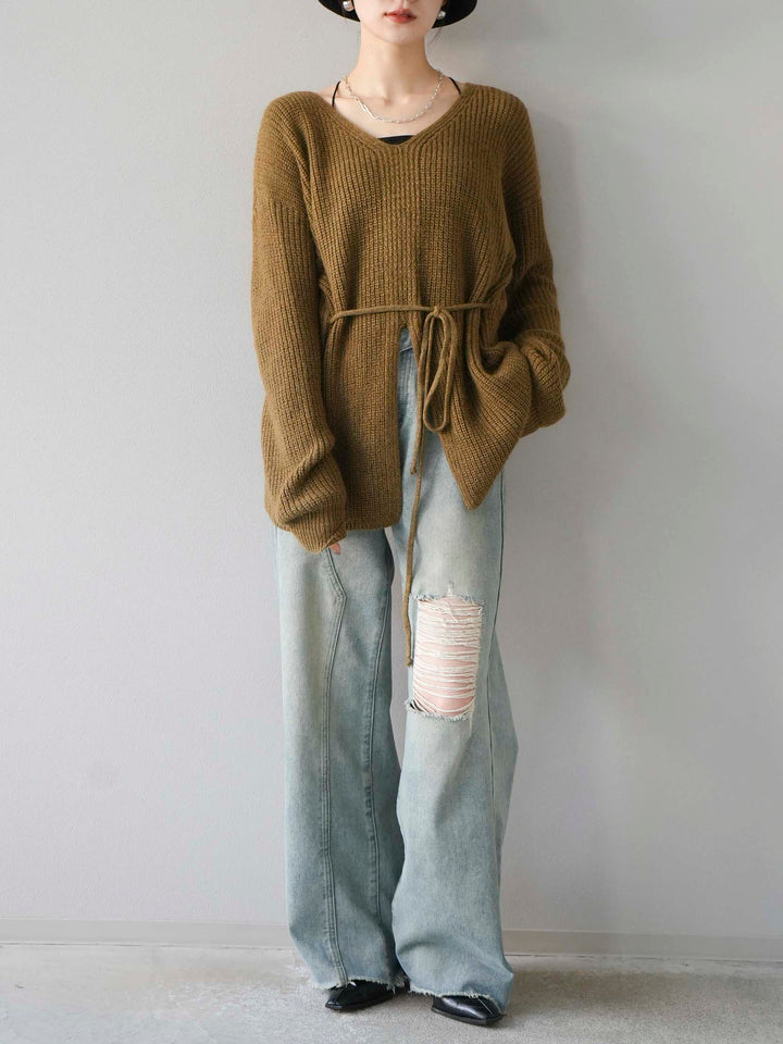 [予約]フロントスリットVネックニットプルオーバー/カーキ
